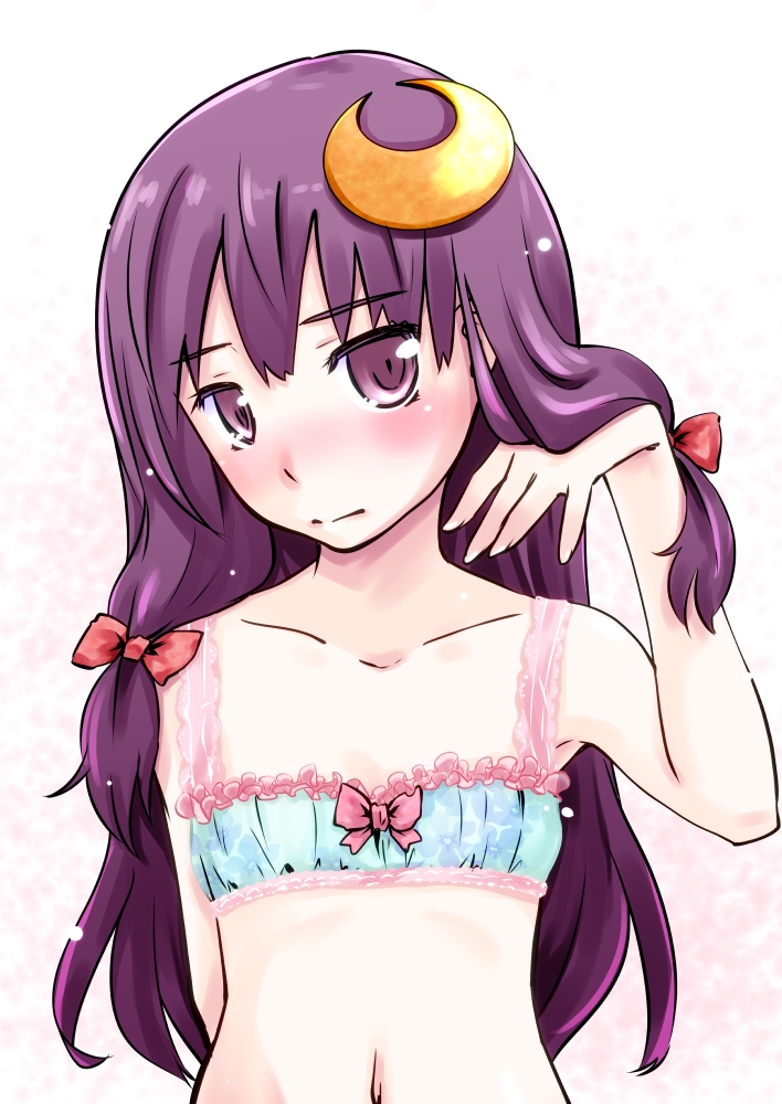 adjusting_hair arm_behind_back arm_up armpits bangs blush bow bow_bra bra collarbone crescent crescent_hair_ornament embarrassed flat_chest frilled_bra frills gradient gradient_background hair_bow hair_ornament light_particles lingerie long_hair looking_at_viewer mayuge_inu navel nose_blush patchouli_knowledge purple_eyes purple_hair solo touhou underwear underwear_only upper_body