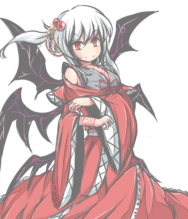 alternate_hairstyle bad_id bad_pixiv_id demon_wings dress hair_bobbles hair_ornament hair_up multiple_wings no_nose red_dress red_eyes satorichan shinki side_ponytail slit_pupils solo touhou touhou_(pc-98) white_background wide_sleeves wings