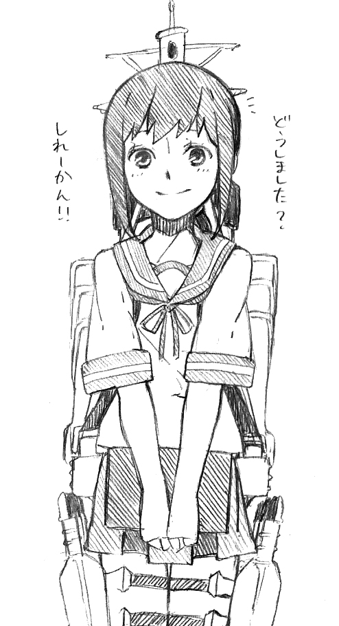 backpack bad_id bad_pixiv_id bag fubuki_(kantai_collection) greyscale kantai_collection kuuga_(cf) looking_at_viewer monochrome school_uniform serafuku short_hair skirt smile solo translation_request