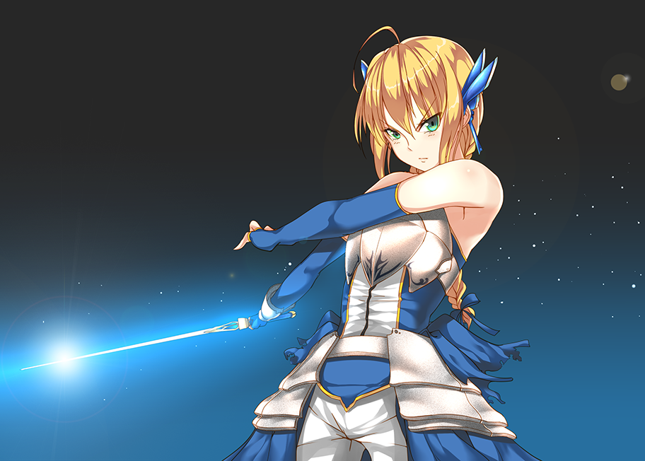 adapted_costume ahoge alternate_hairstyle armor armored_dress artoria_pendragon_(all) bad_id bad_pixiv_id bare_shoulders blonde_hair braid breastplate detached_sleeves dress fate/stay_night fate_(series) faulds glowing glowing_sword glowing_weapon gmaou green_eyes hair_ornament long_hair saber sidelocks single_braid solo sword weapon