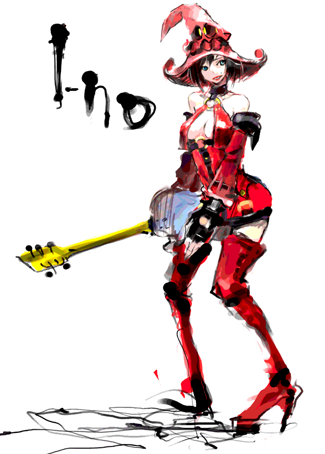 black_hair blue_eyes boots breasts character_name choker detached_sleeves electric_guitar fingerless_gloves gloves guilty_gear guitar halterneck hat i-no instrument large_breasts lipstick makeup miniskirt mole mole_above_mouth red_hat red_legwear short_hair sketch skirt solo thigh_boots thighhighs torako_(anofelus) witch_hat zettai_ryouiki