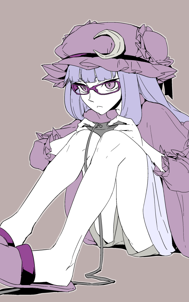 bangs bespectacled controller crescent flat_color game_controller gamepad glasses grey_background hat long_hair nightgown patchouli_knowledge playing_games purple-framed_eyewear purple_eyes purple_hair shorts simple_background sitting slippers slit_pupils solo thupoppo touhou