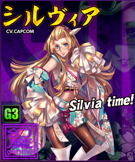 1girl adapted_costume black_legwear blonde_hair blue_eyes boots breasts capcom crop_top detached_sleeves floral_print japanese_clothes knee_boots large_breasts lipstick long_hair makeup midriff miniskirt official_art onimusha_soul pom_poms sarashi sexy_silvia silvia skirt solo viewtiful_joe