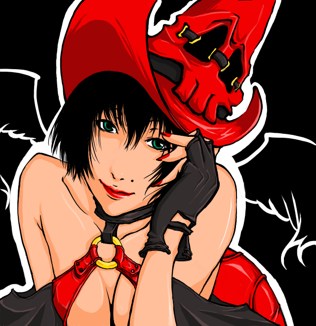 black_hair blue_eyes breasts choker cleavage detached_sleeves fingerless_gloves gloves guilty_gear hat i-no lipstick looking_at_viewer makeup medium_breasts mini_wings mole mole_above_mouth nail_polish nyanta_(rinngo18) red_hat short_hair smile solo upper_body witch_hat