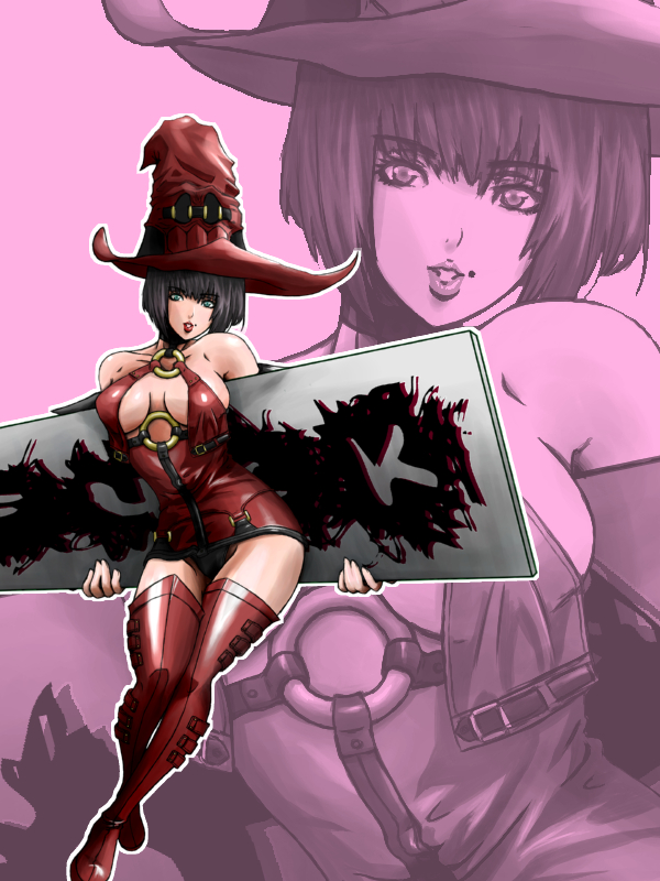 bangs bare_shoulders black_hair blue_eyes boots breasts cleavage dress english guilty_gear hat i-no medium_breasts mole mole_above_mouth profanity red_hat red_legwear short_dress short_hair sign solo thigh_boots thighhighs tzxccx witch_hat zoom_layer