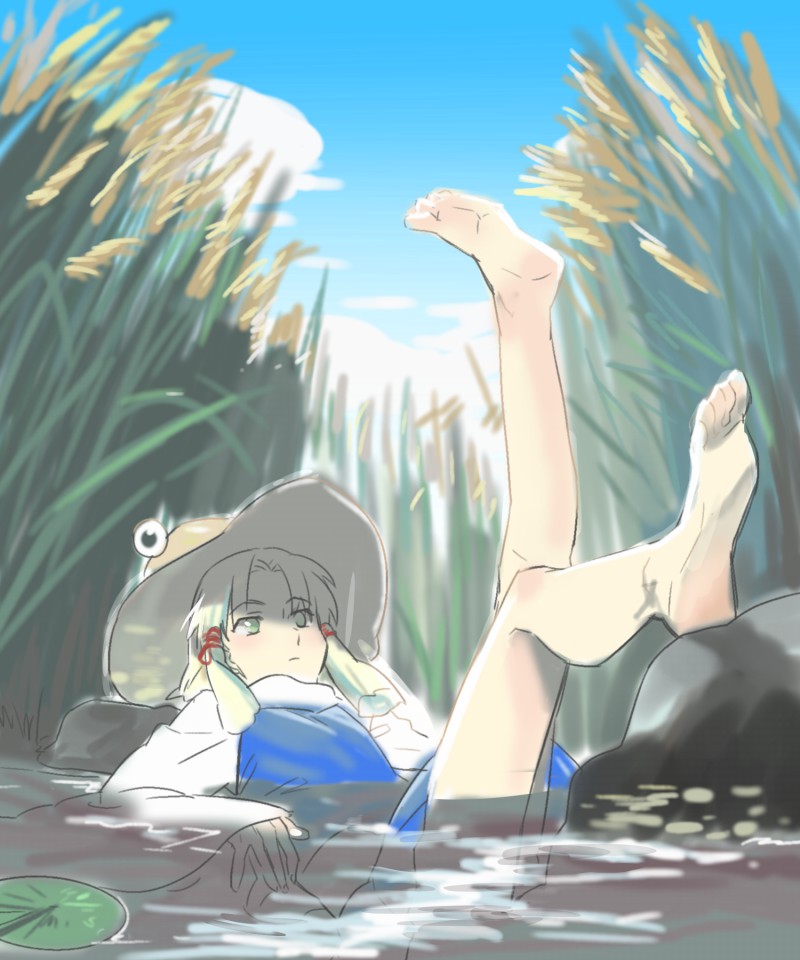 bad_id bad_pixiv_id bare_legs barefoot blonde_hair day grass hat leg_lift lily_pad lying moriya_suwako moros on_back outstretched_leg partially_submerged reeds river sky solo summer touhou water wide_sleeves