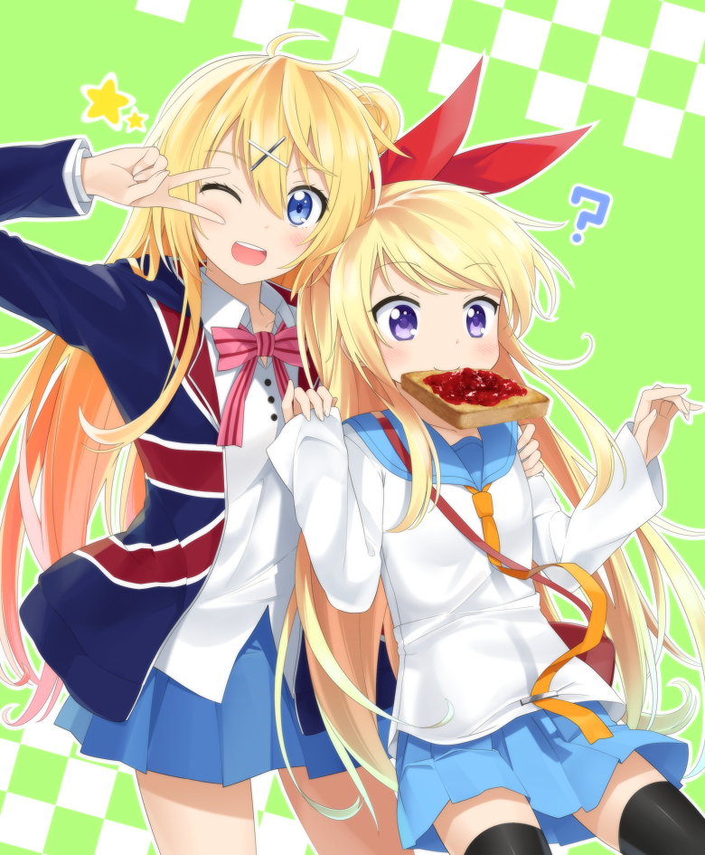 ;d ? arm_up black_legwear blonde_hair blue_eyes blush bow bowtie bread cosplay costume_switch crossover dress_shirt food food_in_mouth green_background hair_ornament hair_ribbon hairclip haribote_(tarao) kin-iro_mosaic kirisaki_chitoge kirisaki_chitoge_(cosplay) kujou_karen kujou_karen_(cosplay) long_hair long_sleeves look-alike looking_at_viewer mouth_hold multiple_girls necktie nisekoi one_eye_closed open_mouth pleated_skirt purple_eyes ribbon school_uniform seiyuu_connection serafuku shirt skirt sleeves_past_wrists smile star thighhighs toast toast_in_mouth touyama_nao union_jack v v_over_eye very_long_hair x_hair_ornament