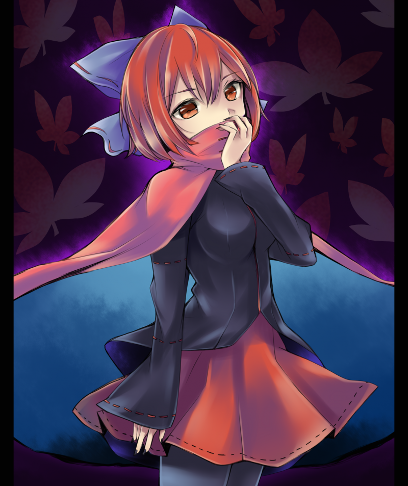 aura bad_id bad_pixiv_id blouse blue_legwear bow breasts cape covering_mouth eyelashes fingernails hair_bow hand_to_own_mouth head_tilt leaf leaf_background looking_at_viewer medium_breasts nail_polish pantyhose purple_background red_eyes red_hair richard_(ri39p) sekibanki short_hair skirt sleeves_past_wrists solo touhou