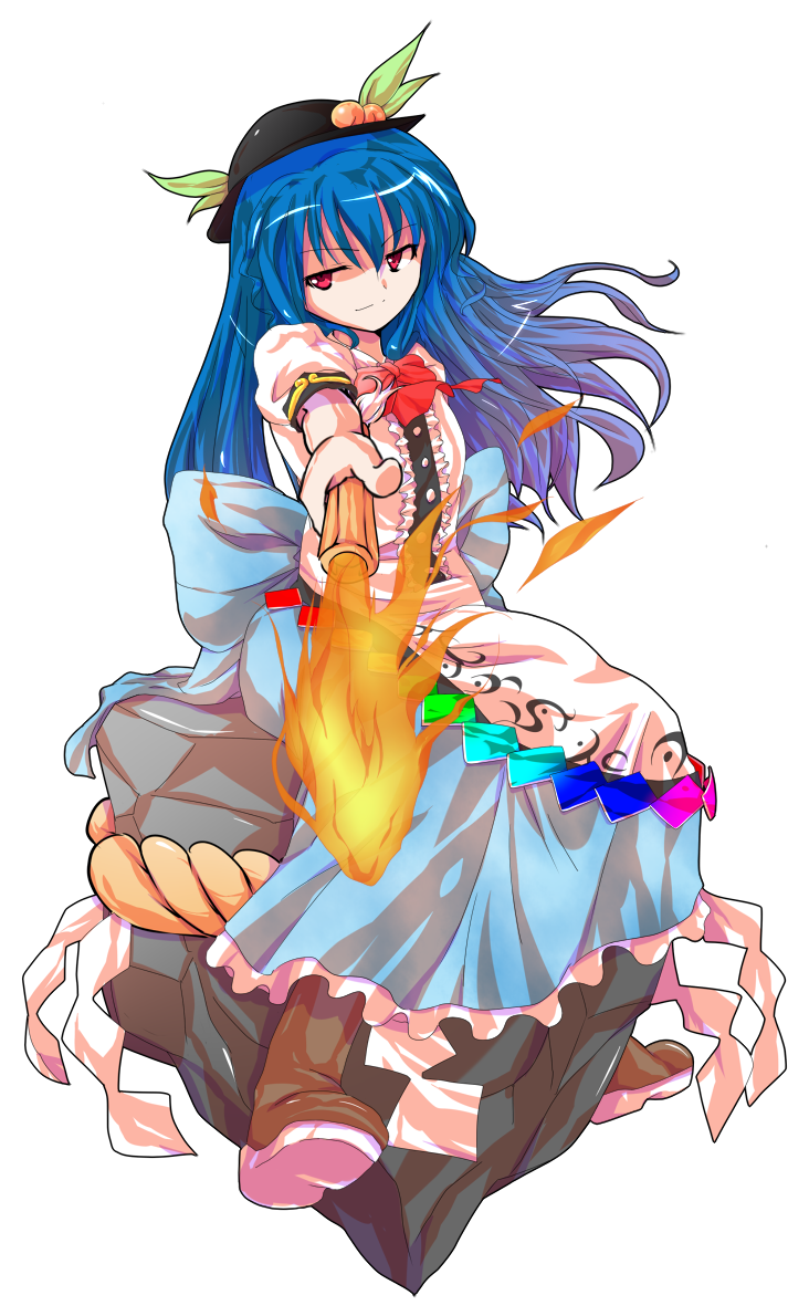 alphes_(style) blue_hair bow dairi food fruit full_body half-closed_eyes hat hinanawi_tenshi long_hair looking_at_viewer open_mouth outstretched_arm parody peach puffy_sleeves rope shimenawa shirt short_sleeves sitting_on_rock skirt smirk smug solo style_parody sword_of_hisou touhou transparent_background very_long_hair