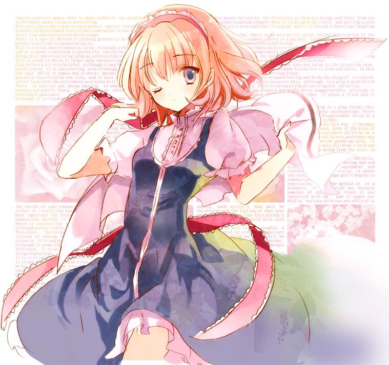 adapted_costume alice_margatroid alternate_costume background_text bad_id bad_twitter_id blonde_hair blue_dress blue_eyes capelet cierra_(ra-bit) dress flower frills hairband lolita_hairband looking_at_viewer one_eye_closed puffy_sleeves rose shirt short_hair short_sleeves solo tape text_focus touhou white_shirt