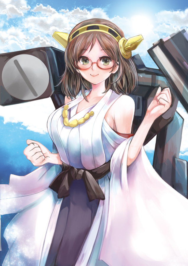 bare_shoulders black_hair blue_sky breasts cannon cloud day detached_sleeves glasses green_eyes hairband japanese_clothes kantai_collection kazaana kirishima_(kantai_collection) large_breasts nontraditional_miko red-framed_eyewear short_hair skirt sky smile solo sun turret