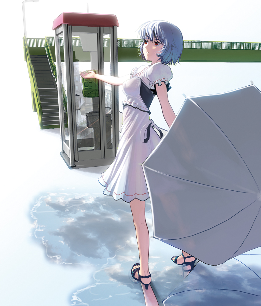 alternate_costume ayanami_rei blue_hair dress high_heels masao md5_mismatch neon_genesis_evangelion pedestrian_bridge phone_book phone_booth puddle puffy_sleeves rebuild_of_evangelion red_eyes reflection short_sleeves solo umbrella white_dress