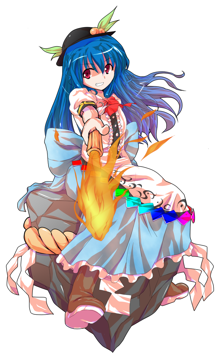 alphes_(style) blue_hair bow dairi food fruit full_body grin hat hinanawi_tenshi long_hair looking_at_viewer open_mouth outstretched_arm parody peach puffy_sleeves rope shimenawa shirt short_sleeves sitting_on_rock skirt smile solo style_parody sword_of_hisou touhou transparent_background very_long_hair
