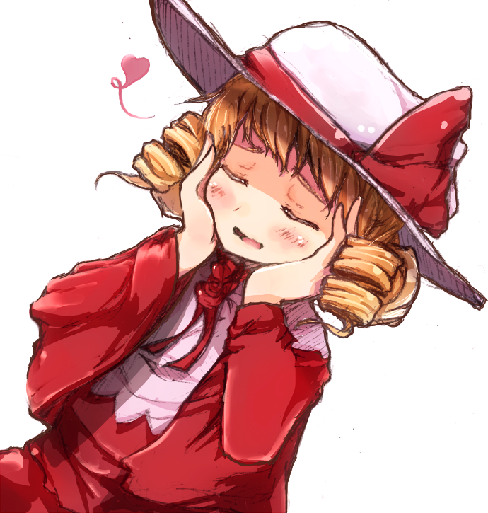 blonde_hair blush closed_eyes curly_hair dutch_angle elly flan_(harry_mackenzie) hands_on_own_cheeks hands_on_own_face hat hat_ribbon heart open_mouth ribbon short_hair solo touhou touhou_(pc-98) white_background