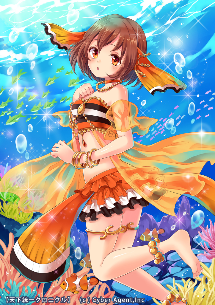 :o anklet barefoot beads brown_eyes brown_hair bubble choker clownfish_(tenka_touitsu_chronicle) coral fish freediving jewelry midriff personification shina_shina short_hair solo sparkle swimming tenka_touitsu_chronicle thighlet underwater