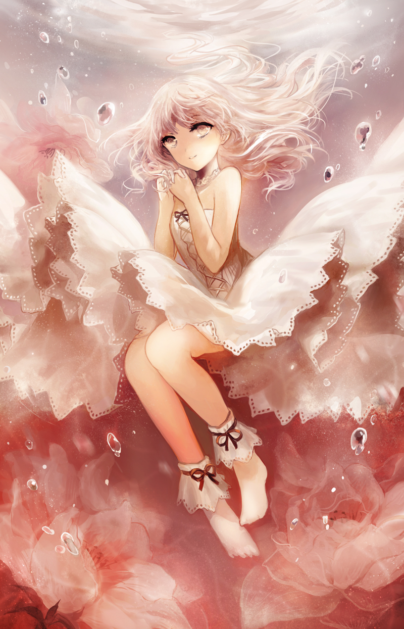 air_bubble ankle_socks bad_id bad_pixiv_id bare_arms bare_legs bubble choker collarbone detached_collar dress flower full_body hands_together highres long_hair looking_at_viewer moemoe3345 original personification pink_eyes pink_hair ribbon solo strapless strapless_dress underwater water white_dress
