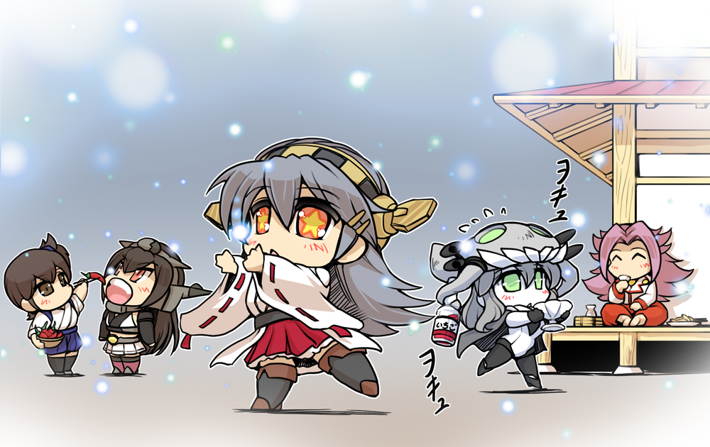 alcohol bare_shoulders black_hair bodysuit boots brown_hair cape chibi chili detached_sleeves hairband haruna_(kantai_collection) hisahiko japanese_clothes jun'you_(kantai_collection) kaga_(kantai_collection) kantai_collection long_hair md5_mismatch multiple_girls nagato_(kantai_collection) open_mouth pale_skin purple_hair red_eyes sake shinkaisei-kan side_ponytail silver_hair snowing star star-shaped_pupils symbol-shaped_pupils thigh_boots thighhighs translated wo-class_aircraft_carrier
