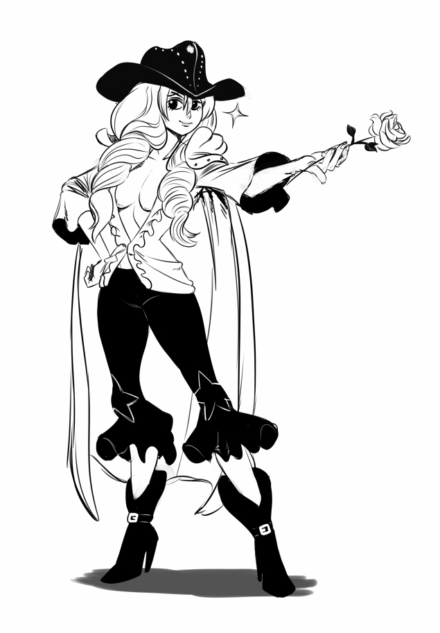 1girl binarypen boots cavendish dressrosa female flower genderswap greyscale hand_on_hip hat high_heel_boots high_heels long_hair looking_at_viewer monochrome one_piece rose smile solo standing