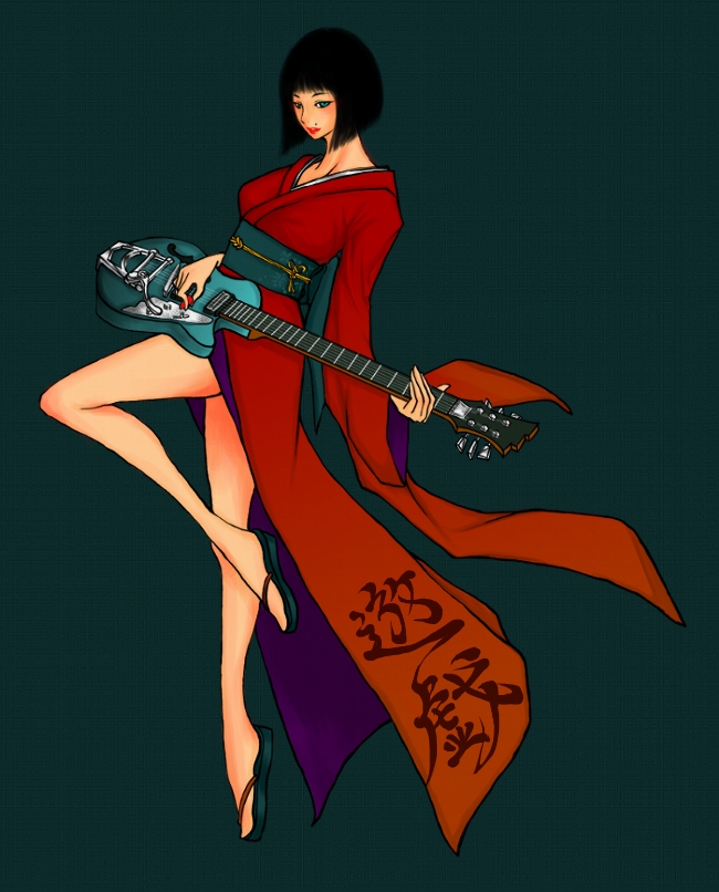 alternate_costume bare_legs black_hair blue_eyes bob_cut electric_guitar guilty_gear guitar i-no instrument japanese_clothes kimono lipstick long_legs makeup mole mole_above_mouth music no_hat no_headwear nyanta_(rinngo18) playing_instrument plectrum sandals short_hair simple_background solo