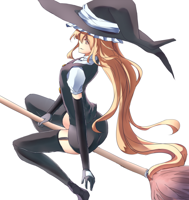 black_legwear blonde_hair broom broom_riding elbow_gloves garter_straps gloves hat kirisame_marisa long_hair neko-hime_(neko-hime) solo thighhighs touhou white_background witch_hat yellow_eyes