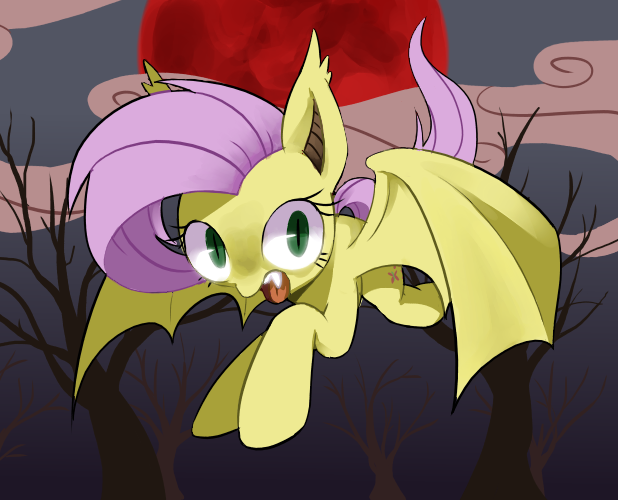 bat_pony cutie_mark equine fangs female feral flutterbat_(mlp) fluttershy_(mlp) friendship_is_magic fur green_eyes hair hooves horse long_hair mammal moon my_little_pony open_mouth outside pegasus pink_hair pony solo tongue tree wings yellow_fur