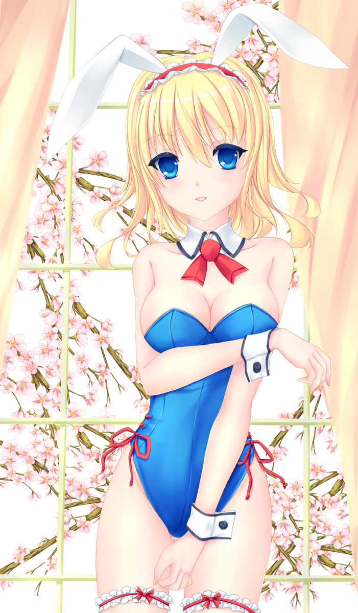 alice_margatroid alternate_costume animal_ears bare_arms bare_shoulders blonde_hair blue_eyes blue_leotard breasts bunny_ears bunny_girl bunnysuit cherry_blossoms cleavage curtains detached_collar fake_animal_ears fred0092 hairband highres large_breasts leotard lolita_hairband looking_at_viewer short_hair solo thigh_strap touhou tree window wrist_cuffs