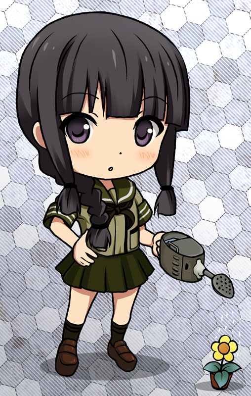 adapted_object bangs black_hair blunt_bangs braid chibi hair_over_shoulder kantai_collection kitakami_(kantai_collection) long_hair ryunnu single_braid solo watering_can