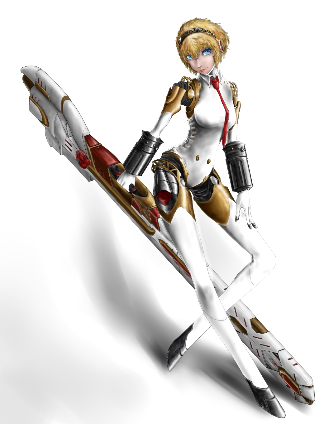 aegis_(persona) android blonde_hair blue_eyes breasts contrapposto gun hairband highres huge_weapon lips necktie no_feet no_nipples persona persona_3 rifle robot_joints short_hair smile solo standing weapon yuu_(primenumber7)