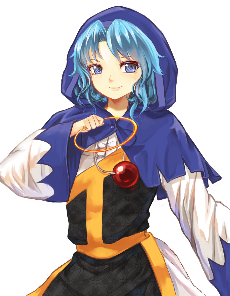 arm_up bad_id bad_pixiv_id blue_eyes blue_hair eyelashes highres hood hoop jewelry kesa kumoi_ichirin lips long_sleeves looking_at_viewer pendant revision shippou_(pattern) short_hair simple_background smile solo touhou weapon white_background wide_sleeves x&amp;x&amp;x