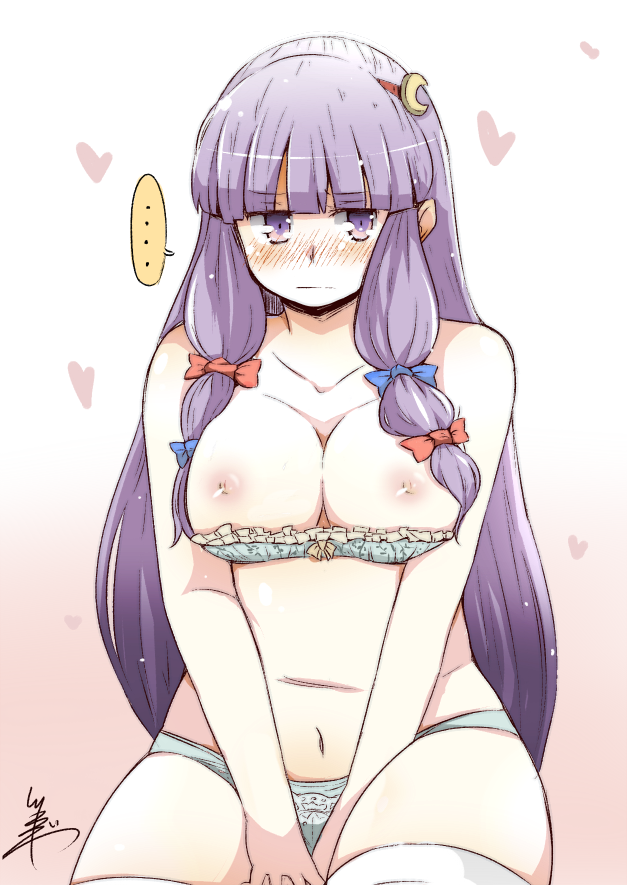 1girl bad_id bad_pixiv_id blue_bra blue_panties blush bra breasts cleavage collarbone crescent crescent_hair_ornament gradient gradient_background hair_ornament hair_ribbon heart lace lace-trimmed_bra large_breasts long_hair looking_at_viewer navel nipples panties patchouli_knowledge plump purple_eyes purple_hair ribbon signature sitting solo thighhighs touhou tress_ribbon tsukigi underwear underwear_only v_arms very_long_hair