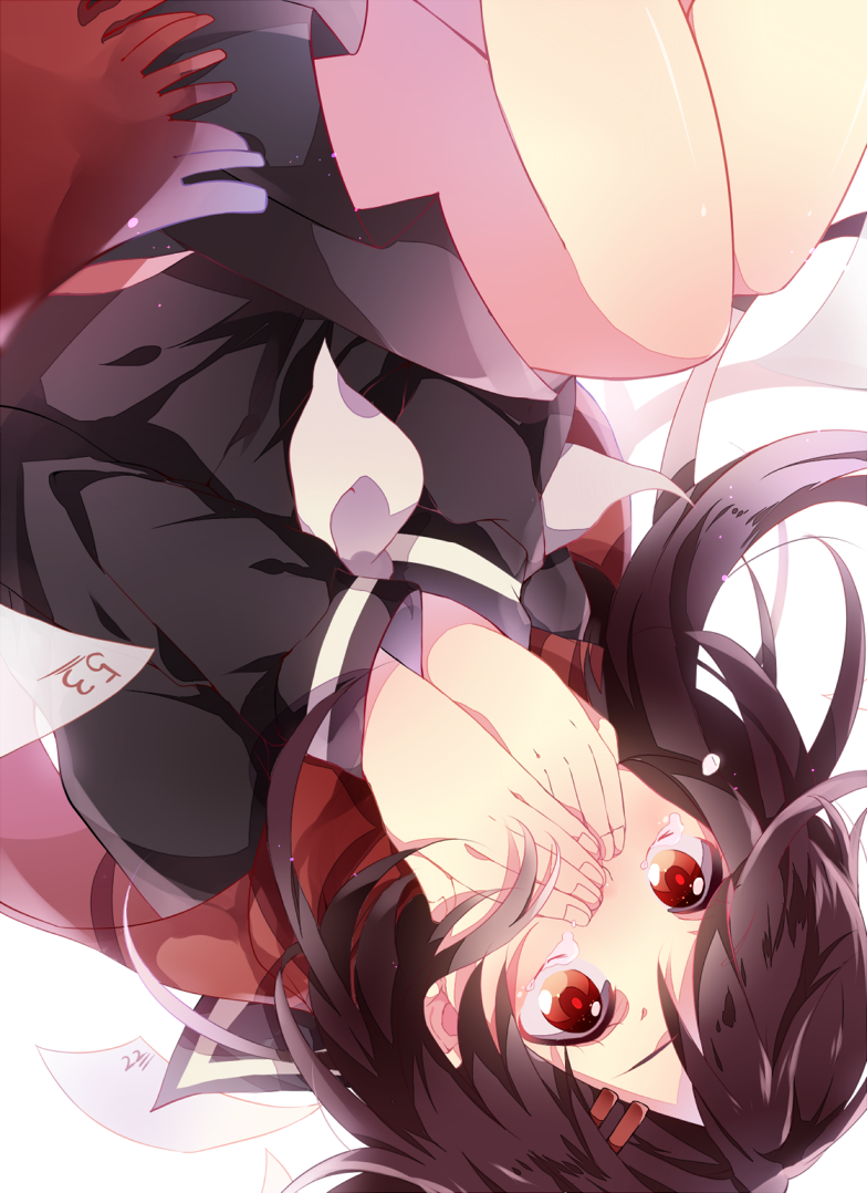 bad_id bad_pixiv_id black_hair covering_mouth falling hair_ornament hairclip kagerou_project kuromiwa-38 long_hair paper red_eyes red_scarf scarf school_uniform solo tateyama_ayano tears upside-down