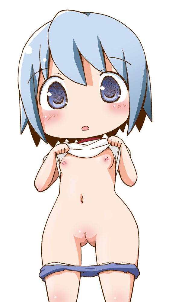 1girl blue_eyes blue_hair blush breasts chibi gerotan mahou_shoujo_madoka_magica miki_sayaka navel nipples nude open_mouth pussy shirt_lift short_hair simple_background small_breasts solo uncensored undressing white_background