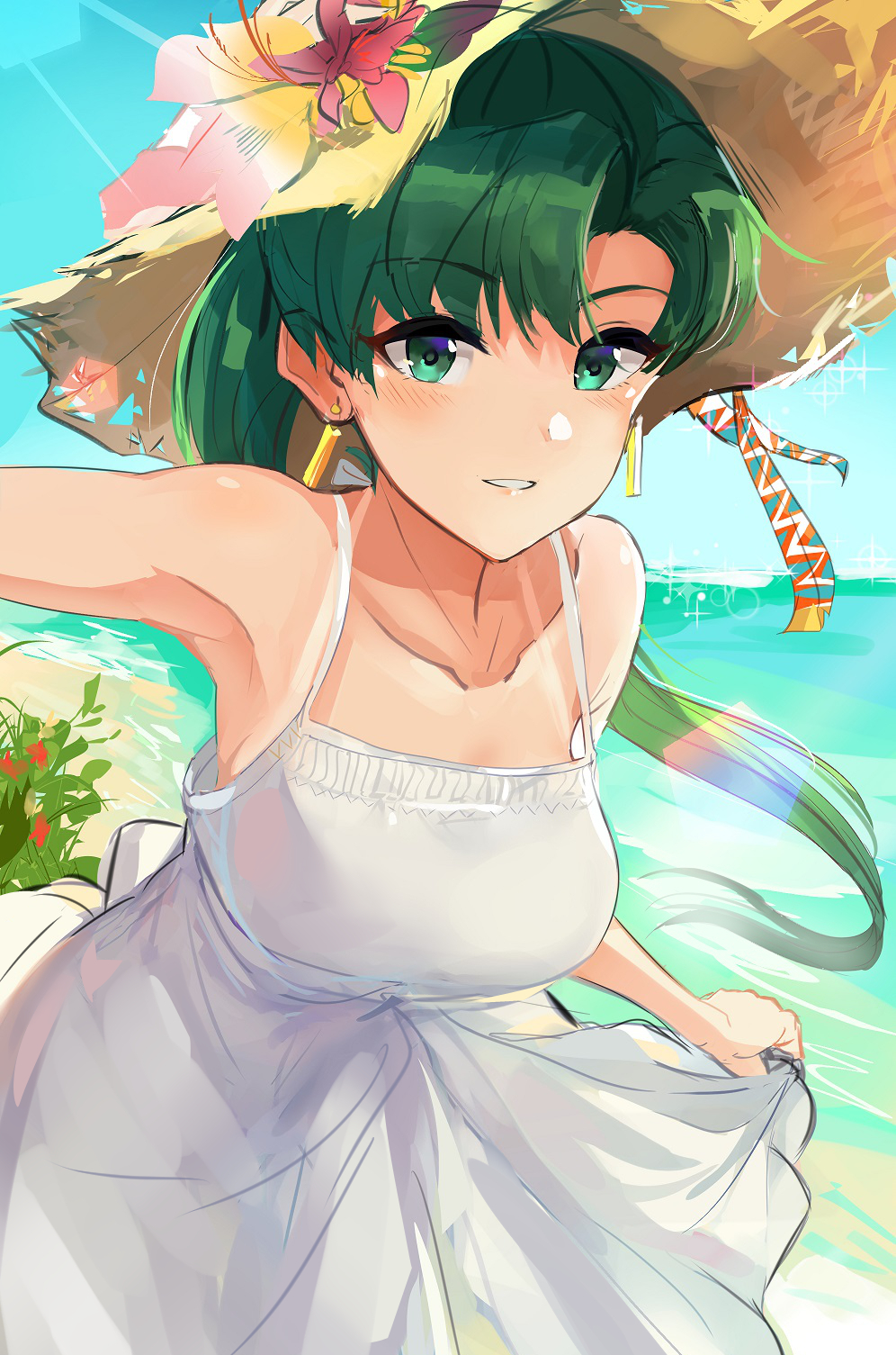 1girl alternate_costume armpits asymmetrical_bangs bangs beach blush breasts collarbone day dress earrings fire_emblem fire_emblem:_rekka_no_ken flower green_eyes green_hair hat hat_flower highres jewelry leaning_forward long_hair looking_at_viewer lyndis_(fire_emblem) medium_breasts nintendo ocean ormille outdoors outstretched_arm parted_bangs parted_lips ponytail skirt_hold sleeveless sleeveless_dress smile solo sparkle straw_hat sun_hat sundress sunlight tan water white_dress
