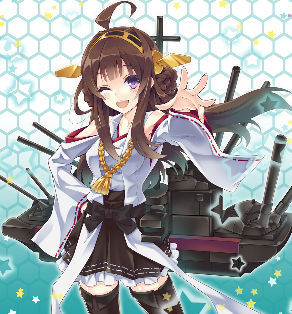 ;d ahoge bare_shoulders brown_hair detached_sleeves double_bun frilled_skirt frills hairband honeycomb_(pattern) honeycomb_background japanese_clothes kantai_collection kongou_(kantai_collection) long_hair one_eye_closed open_mouth purple_eyes ribbon-trimmed_sleeves ribbon_trim skirt smile solo urabi_(tomatohouse)
