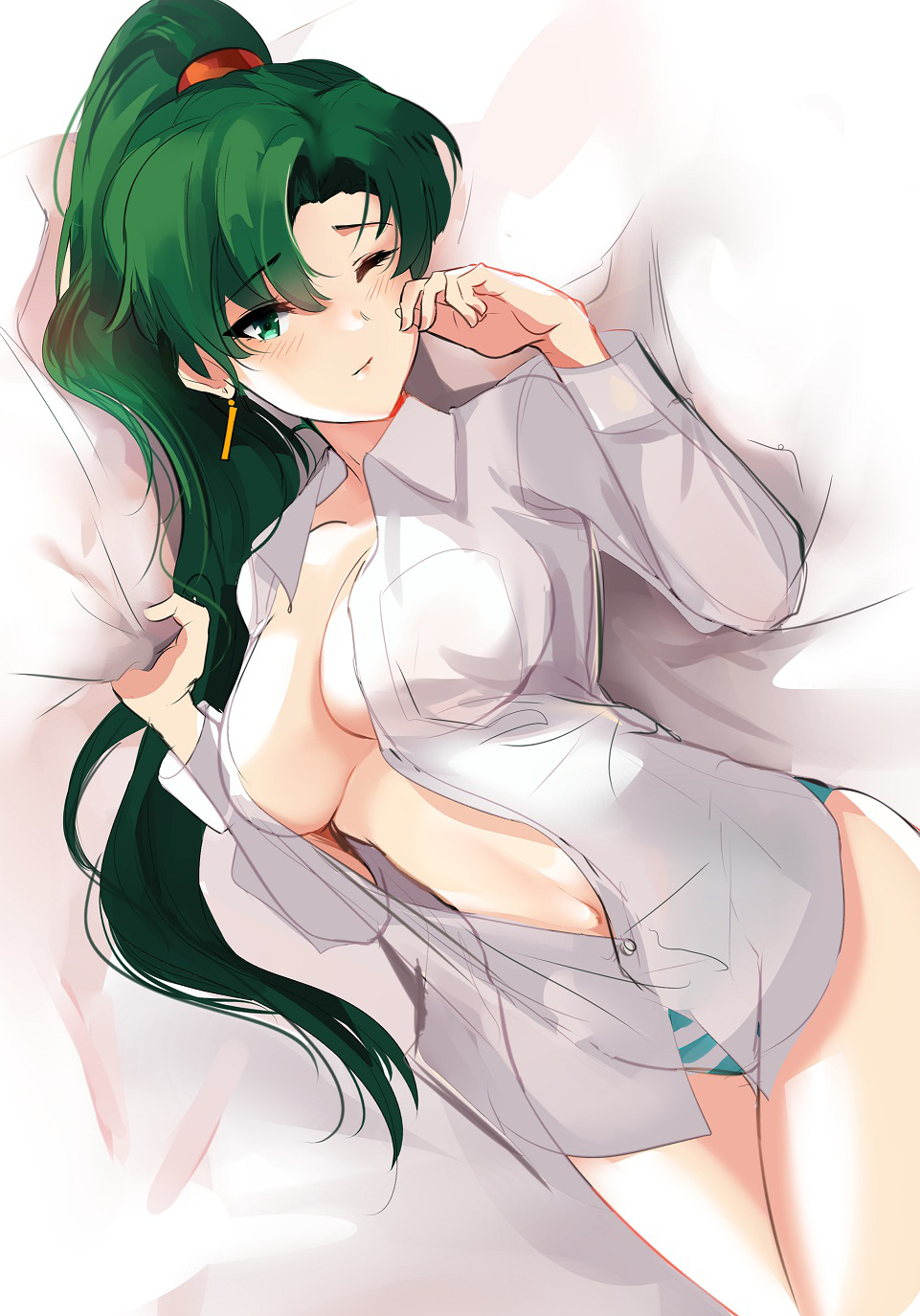 1girl ;) bangs bed_sheet blue_panties blush breast_pocket breasts cleavage closed_mouth collared_shirt cowboy_shot earrings eyebrows_visible_through_hair fire_emblem fire_emblem:_rekka_no_ken from_above green_eyes green_hair highres jewelry large_breasts long_hair long_sleeves looking_at_viewer lying lyndis_(fire_emblem) navel nintendo no_bra on_back one_eye_closed open_clothes open_shirt ormille panties parted_bangs pillow pillow_grab pocket ponytail see-through shirt smile solo striped striped_panties thighs underwear very_long_hair waking_up white_shirt wing_collar wiping_face