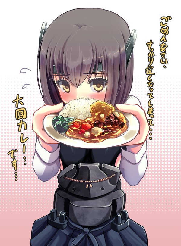 blush brown_eyes brown_hair curry flying_sweatdrops food giving headband headgear kantai_collection looking_at_viewer short_hair solo taihou_(kantai_collection) translation_request windfeathers