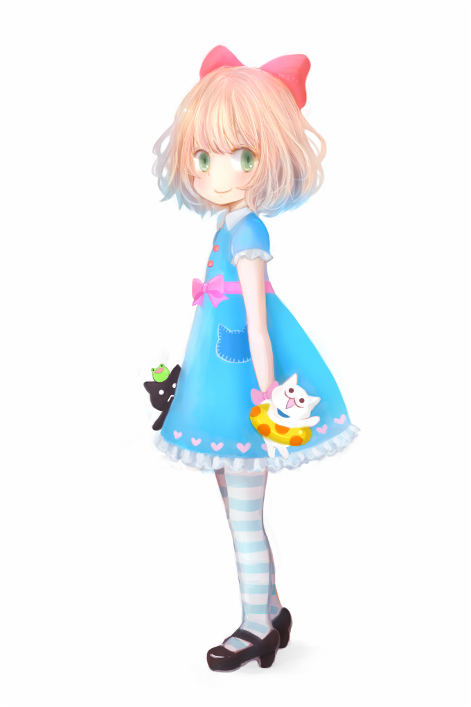 1girl blonde_hair bow child dress green_eyes hair_bow looking_at_viewer mari_(marixrian) mari_(milkuro) mary_janes profile shoes short_hair simple_background smile solo striped striped_legwear stuffed_toy toy white_background