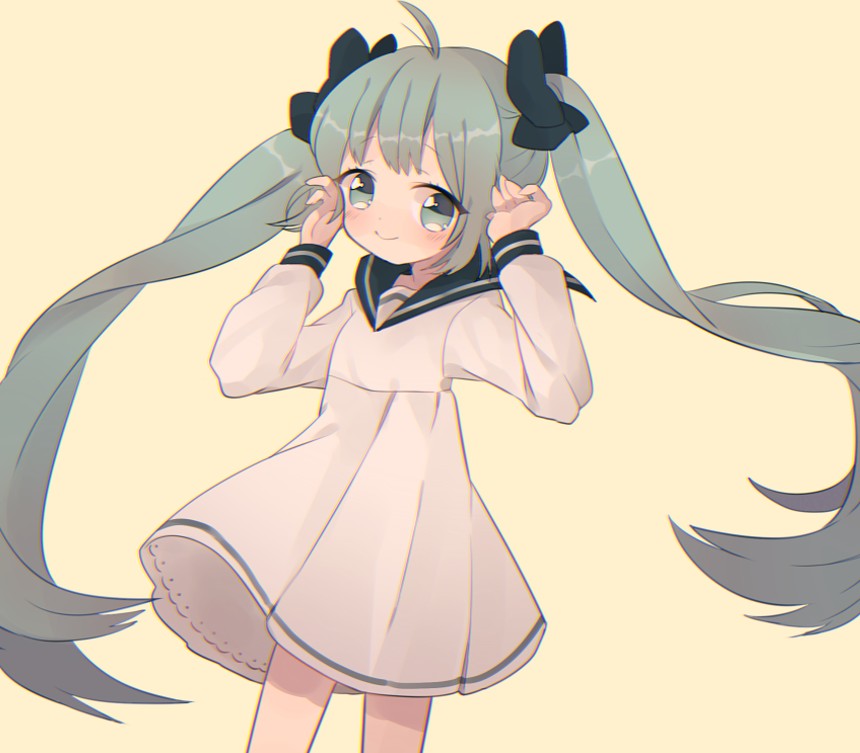 ahoge bad_id bad_pixiv_id bow dress green_eyes green_hair hair_bow hatsune_miku long_hair sailor_dress smile solo twintails uttao very_long_hair vocaloid yellow_background younger