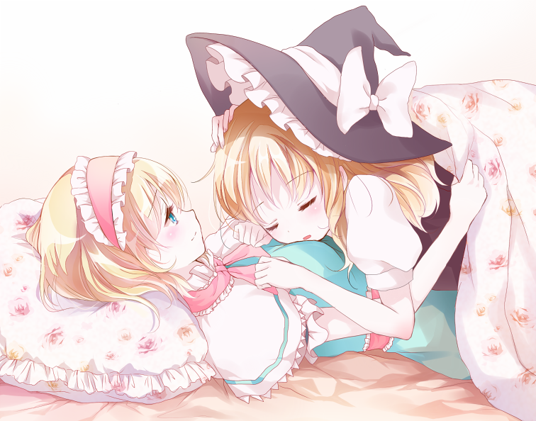 alice_margatroid bad_id bad_pixiv_id black_dress blanket blonde_hair blue_dress blue_eyes bow breast_pillow capelet couple dress hairband hand_on_head hat hat_bow kirisame_marisa lolita_hairband lying lying_on_person multiple_girls on_back on_stomach pillow puffy_sleeves sash short_hair short_sleeves sleeping smile touhou white_bow witch_hat yatomi yuri