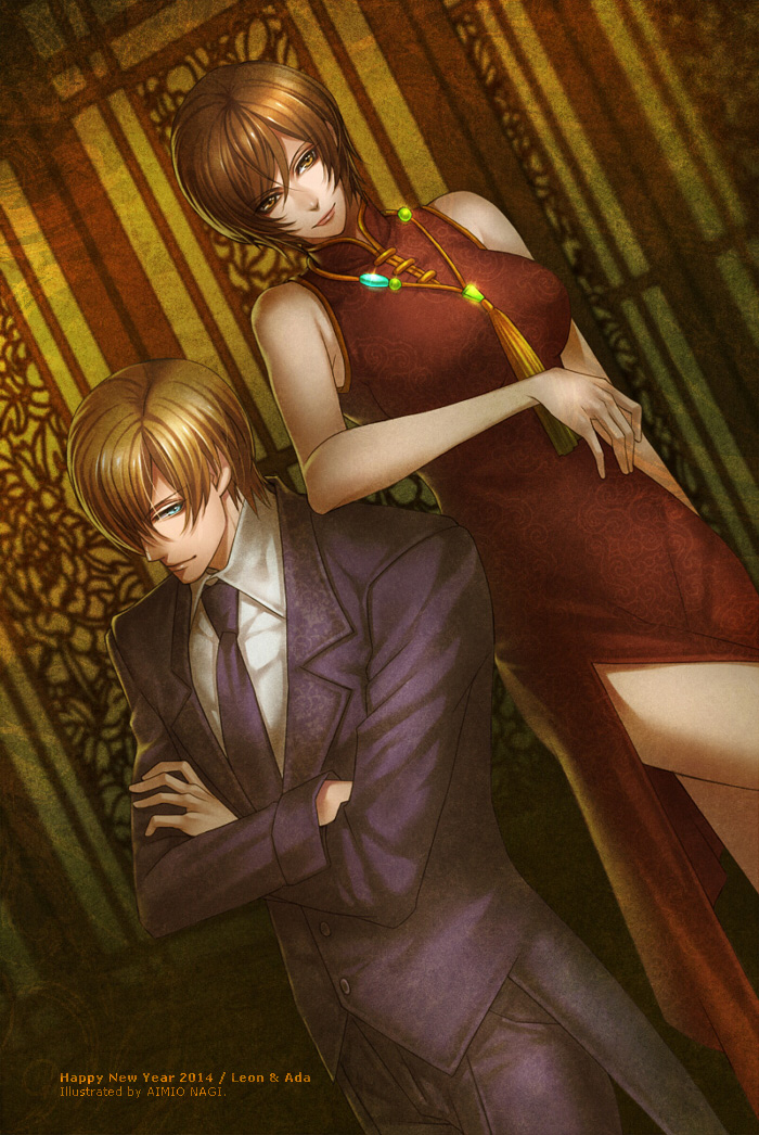 1boy 1girl ada_wong aimio_nagi black_hair blonde_hair breasts capcom chinese_clothes crossed_arms formal happy_new_year large_breasts leon_s_kennedy new_year resident_evil suit