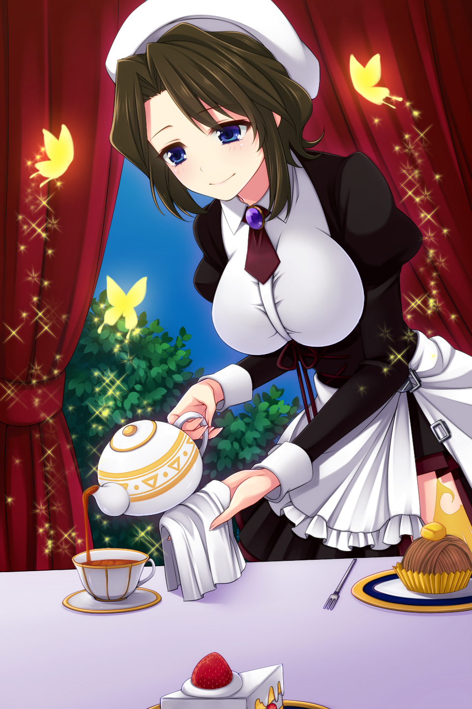 blue_eyes brown_hair bug butterfly cake cup curtains food fork fruit hat highres insect juliet_sleeves long_sleeves maid pouring puffy_sleeves shannon smile sparkle strawberry tea teacup teapot umineko_no_naku_koro_ni uzu_hi