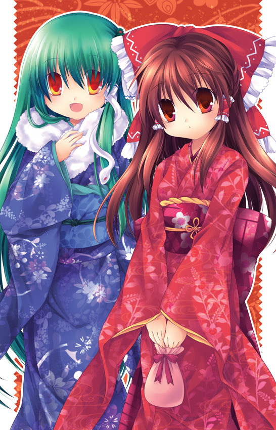 :o alternate_costume anna_(small_night) bag bow brown_hair floral_print frog_hair_ornament fur_trim green_hair hair_bow hair_ornament hair_tubes hakurei_reimu hand_on_own_chest head_tilt japanese_clothes kimono kochiya_sanae leaf_print long_hair looking_at_viewer multiple_girls obi open_mouth orange_eyes red_background red_eyes sash snake_hair_ornament touhou v_arms