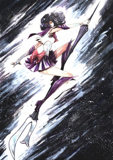 back_bow bad_id bad_pixiv_id bishoujo_senshi_sailor_moon black_hair boots bow full_body gloves kizanohomare pleated_skirt pose purple_footwear purple_sailor_collar purple_skirt red_bow sailor_collar sailor_saturn sailor_senshi_uniform short_hair silence_glaive skirt solo staff tomoe_hotaru traditional_media watercolor_(medium) weapon white_gloves