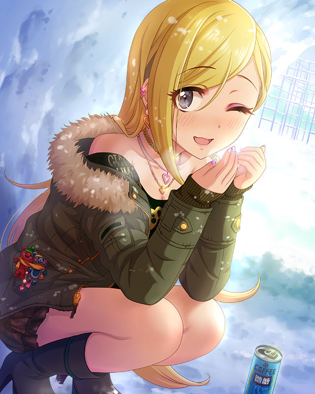 black_shirt blonde_hair blush boots breasts breath can canned_coffee cleavage collarbone earrings fujimoto_rina fur_trim grey_eyes high_heels idolmaster idolmaster_cinderella_girls jacket jewelry long_hair looking_at_viewer medium_breasts nail_polish necklace official_art one_eye_closed open_mouth shirt smile snow solo squatting stuffed_animal stuffed_toy