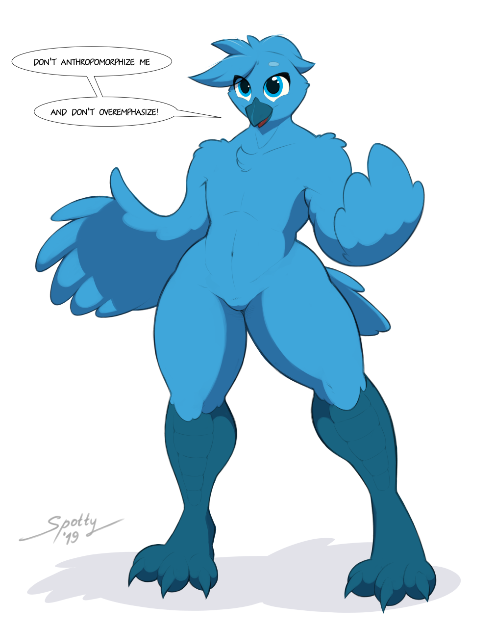2019 avian beak bird blue_feathers dialogue feathers featureless_crotch female flat_chested looking_at_viewer nude open_mouth simple_background solo spotty_the_cheetah thick_thighs tweetfur twitter white_background