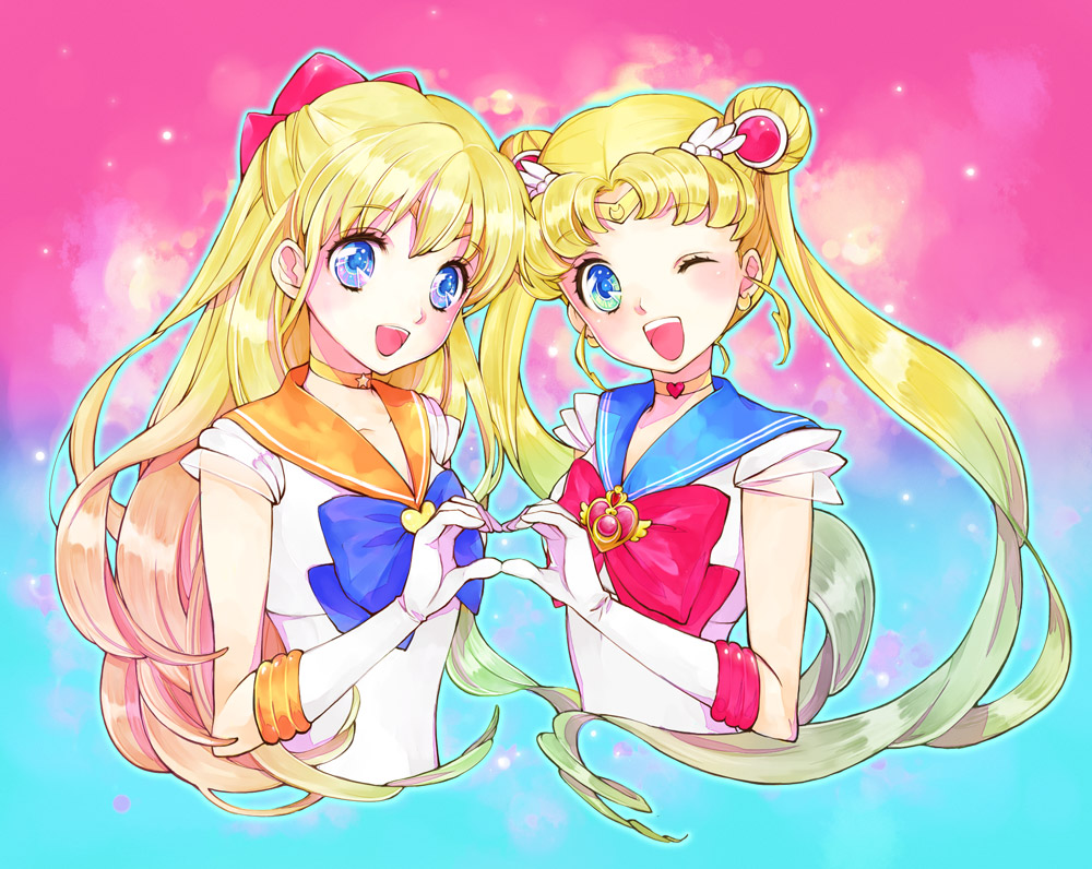 :d ;d aino_minako aqua_background bad_id bad_pixiv_id bishoujo_senshi_sailor_moon blonde_hair blue_eyes blue_sailor_collar bow brooch choker double_bun earrings gloves gradient gradient_background hair_bow hair_ornament hairpin half_updo heart heart_hands heart_hands_duo jewelry katou_sami long_hair magical_girl multiple_girls one_eye_closed open_mouth orange_choker orange_sailor_collar pink_background red_bow ribbon sailor_collar sailor_moon sailor_senshi_uniform sailor_venus smile tiara tsukino_usagi twintails white_gloves