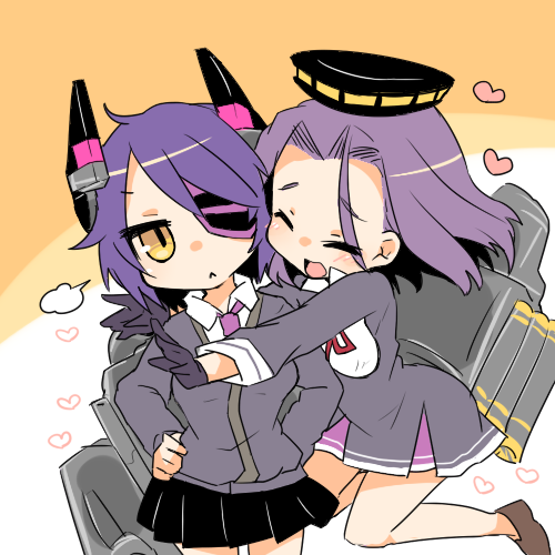 :&lt; bad_id bad_pixiv_id closed_eyes eyepatch gloves hands_on_hips headgear heart hug kantai_collection lowres machinery mechanical_halo multiple_girls open_mouth purple_hair short_hair takamura tatsuta_(kantai_collection) tenryuu_(kantai_collection) yellow_eyes