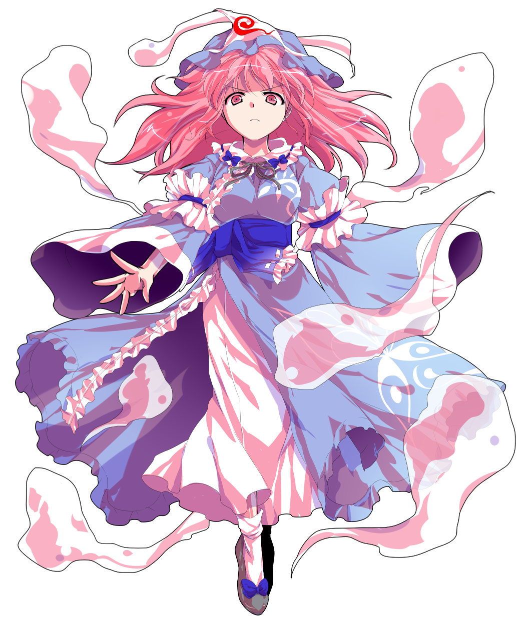 alphes_(style) angry arm_ribbon blue_dress dairi dress full_body ghost hat highres layered_dress long_sleeves looking_at_viewer parody pink_eyes pink_hair ribbon saigyouji_yuyuko sash solo style_parody touhou transparent_background triangular_headpiece white_dress wide_sleeves