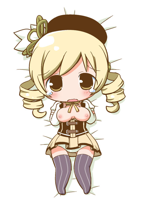 1girl bed blonde_hair blush breasts chibi drill_hair gerotan hair_ornament hat long_hair lying mahou_shoujo_madoka_magica nipples on_back open_clothes open_mouth panties solo tears thighhighs tomoe_mami twin_drills underwear yellow_eyes
