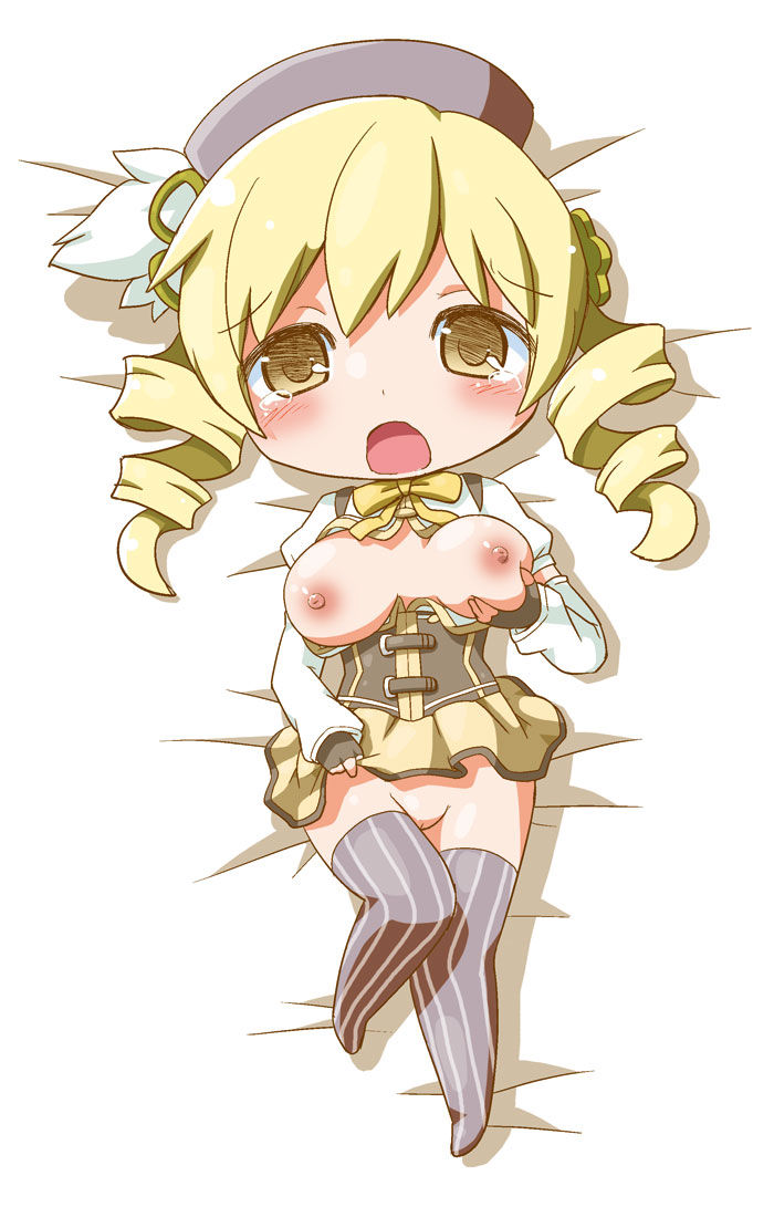 1girl bed blonde_hair blush breast_grab breasts chibi drill_hair gerotan grabbing hair_ornament hat long_hair lying mahou_shoujo_madoka_magica nipples on_back open_clothes open_mouth pussy skirt skirt_lift solo tears thighhighs tomoe_mami twin_drills uncensored yellow_eyes